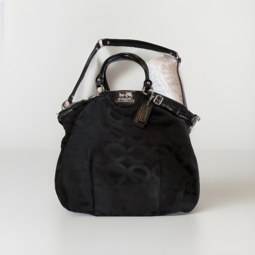 Coach F1806 Black Signature C Sateen Satchel Crossbody Bag Patent Leather Trim